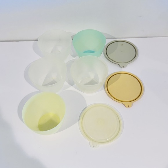 Vintage Tupperware Snack Cups 5 Bowls 3 Lids Sheer Pastel Colors - Picture 4 of 6
